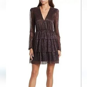 Socialite Metallic Long Sleeve Tiered Mini Dress-Size XL